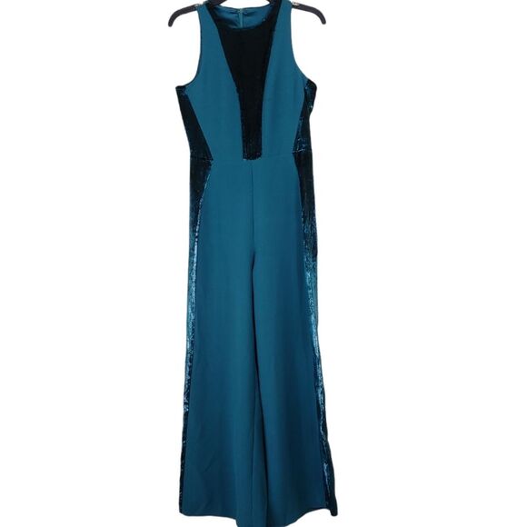 Adelyn Rae green wide leg jumpsuit velvet side stripes sleeveless size Small - Picture 8 of 11